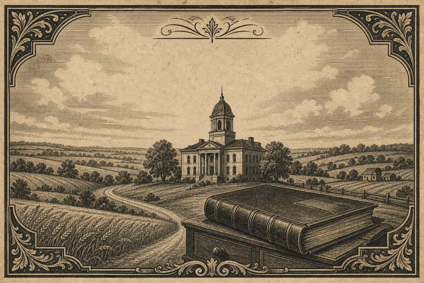 Decorative engraving-style illustration of a generalized courthouse, fields, and a ledger