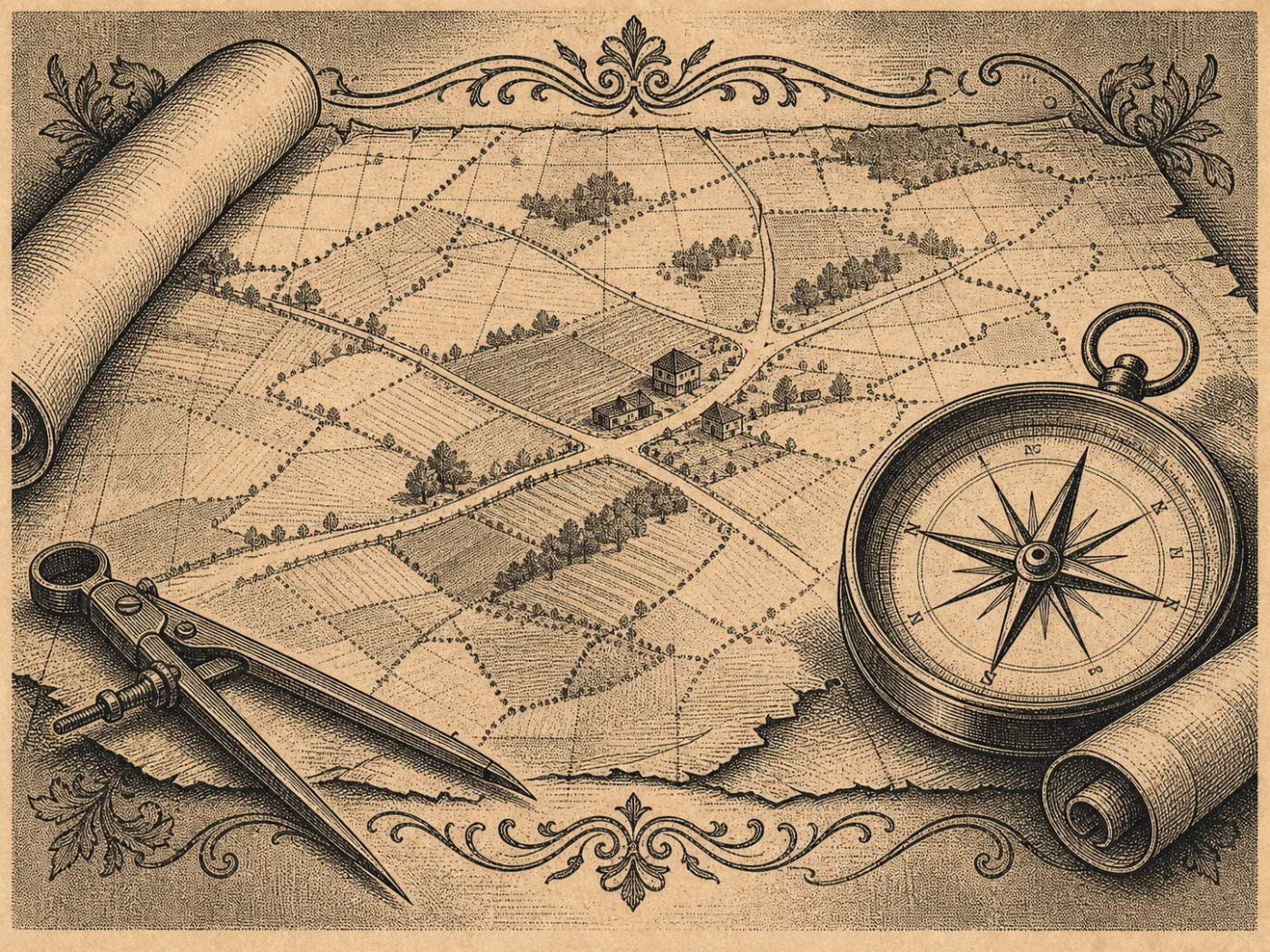 Decorative engraving-style illustration of a generic map, compass, and rural crossroads